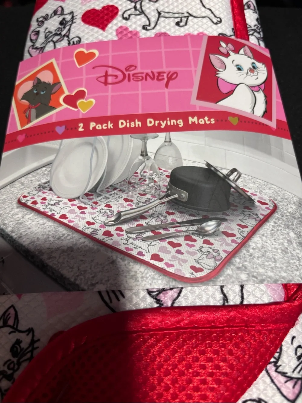Disney Marie Heart Dish Drying Mat - White, Pink & Red - 2 pack